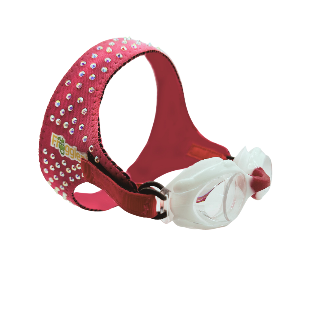 Pink Glitz product photo. 100% UV protection, anti-fog coating, polycarbonate lens, flexible silicone