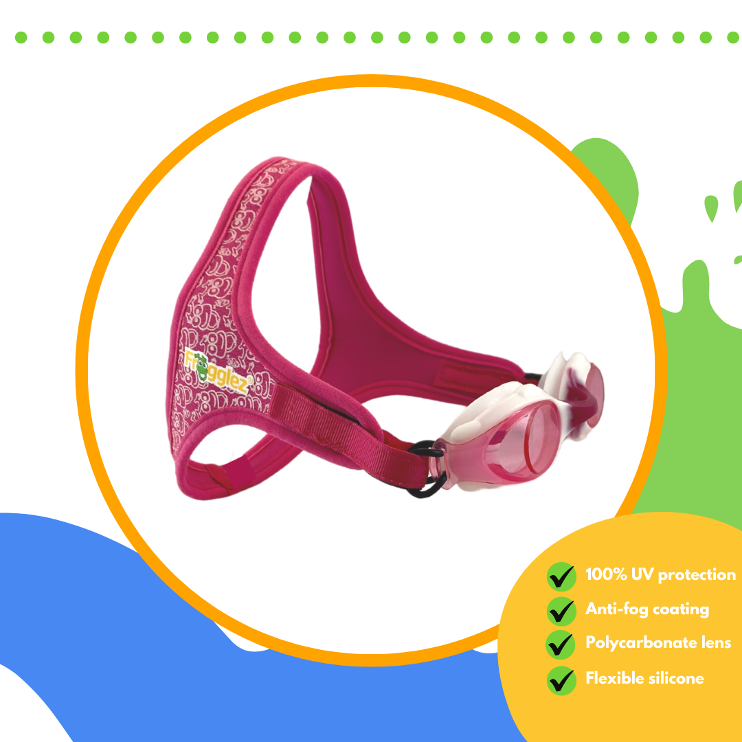 Pink Frogz swimming goggles with pink lenses and pink nose bridge on white background surrounded by orange circle. Text reads 100% UV protection, anti-fog coating, polycarbonate lens, flexible silicone