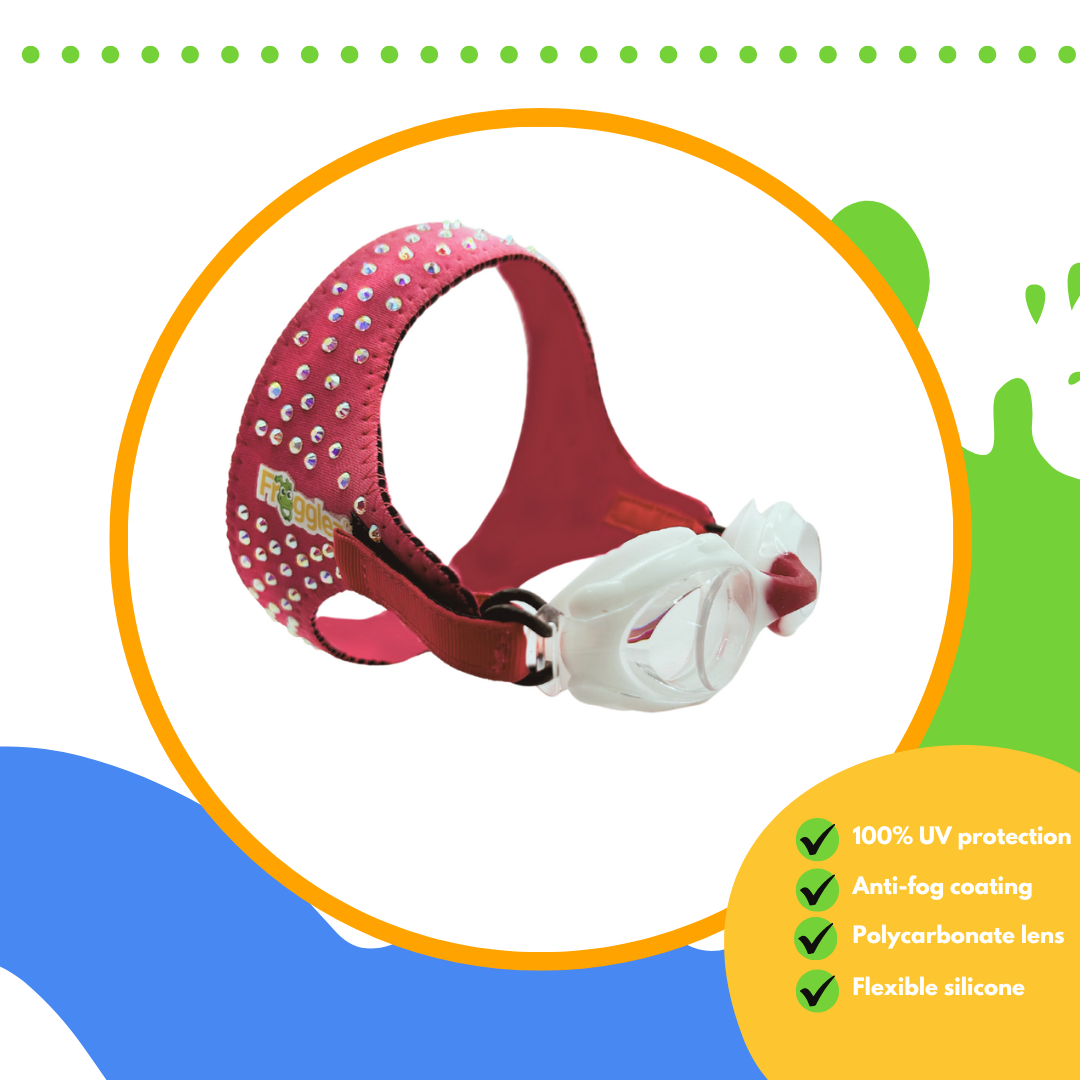 Pink Glitz Frogglez Goggles on white background with text reading 100% UV protection, anti-fog coating, polycarbonate lens, flexible silicone