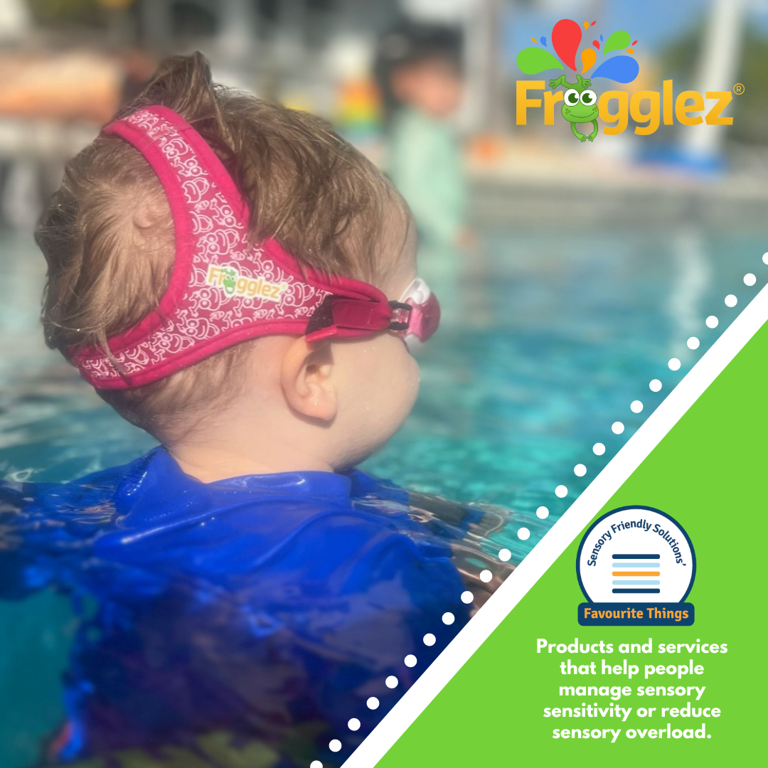 Young boy swimming in pool with head out of water and laughing, smiling at the camera. Text reads products and services that help people manage sensory sensitivity or reduce sensory overload.