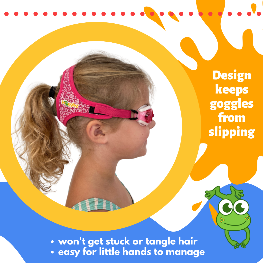 Blonde girl with ponytail wearing Frogglez swim goggles facing sideways. Text reads: Design keeps goggles from slipping, won't get stuck or tangle hair, easy for little hands to manage.
