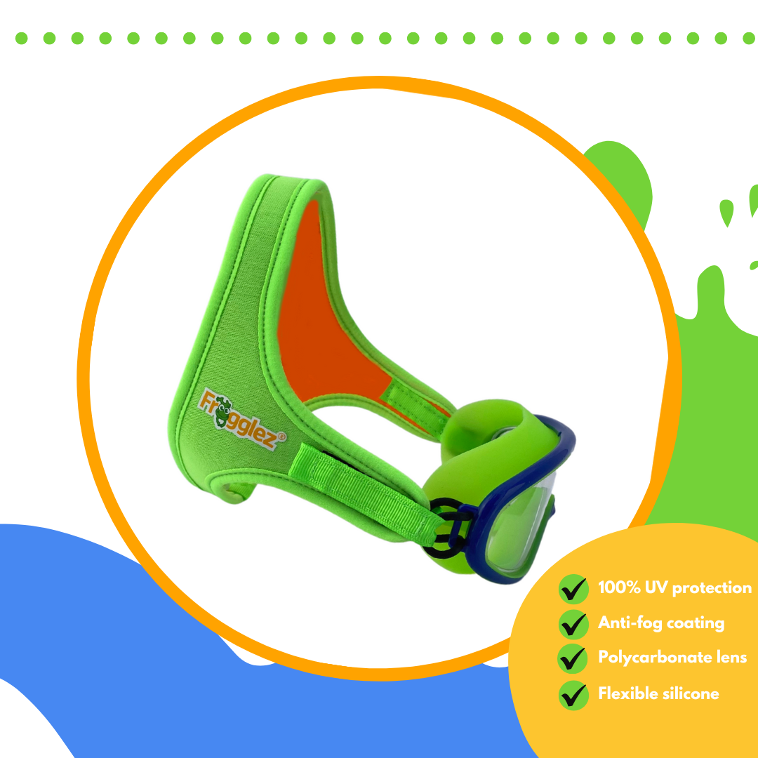 Adjustable Universal Strap attaches to most swimming goggles in the market. Silicone Goggles for soft fit and watertight seal. Extension Rings allow for easier attachment and greater size variance. Frogglez® are independently tested to be Lead-free, Phthalates-free and Formaldehyde-free. Quality Velcro® attachment for size adjustments. 100% UV protection. anti fog coating. polycarbonate lens. flexible silicone. pictured frogglez goggles swimming mask.