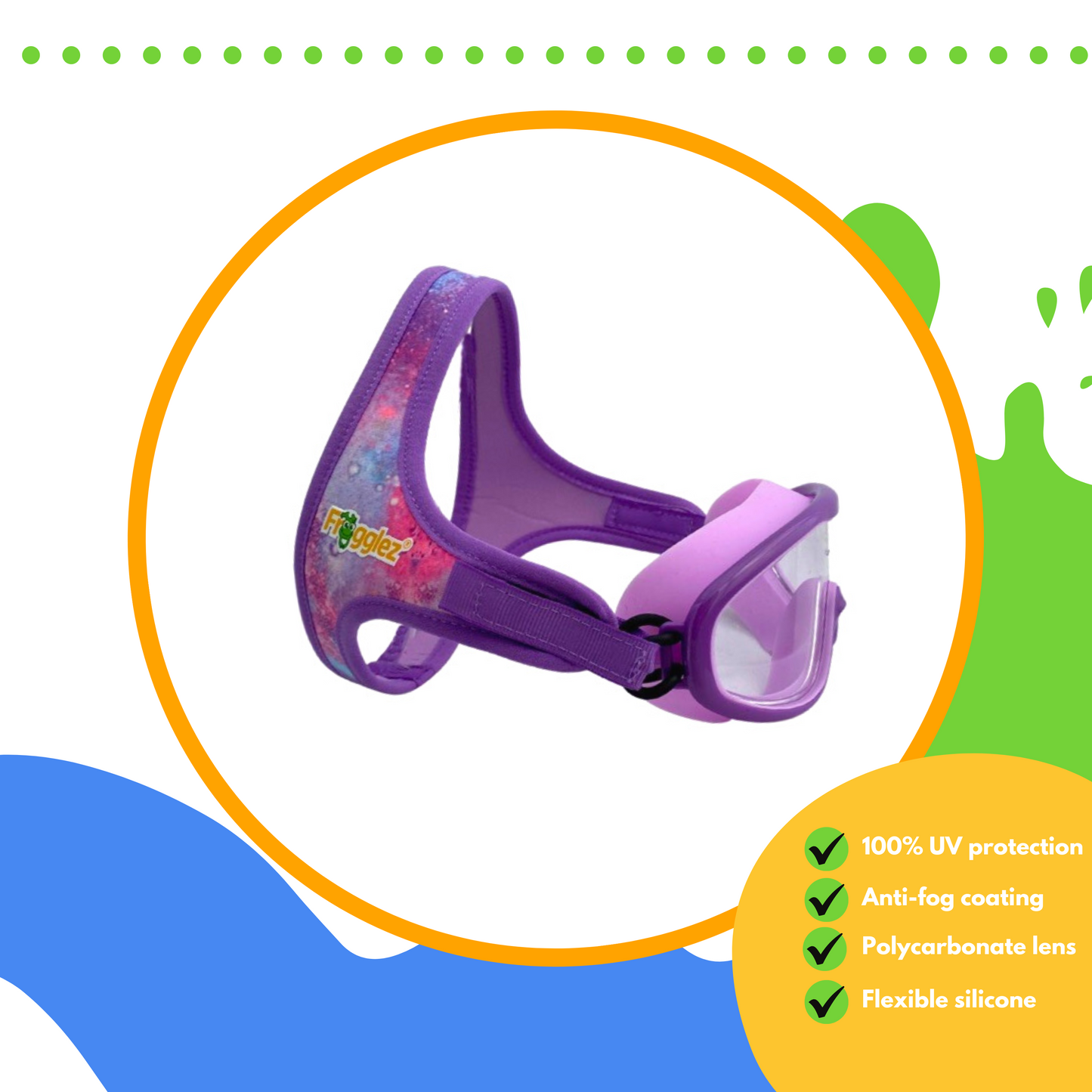 Adjustable Universal Strap attaches to most swimming goggles in the market. Silicone Goggles for soft fit and watertight seal. Extension Rings allow for easier attachment and greater size variance. Frogglez® are independently tested to be Lead-free, Phthalates-free and Formaldehyde-free. Quality Velcro® attachment for size adjustments. 100% UV protection. anti fog coating. polycarbonate lens. flexible silicone. pictured frogglez goggles swimming mask.