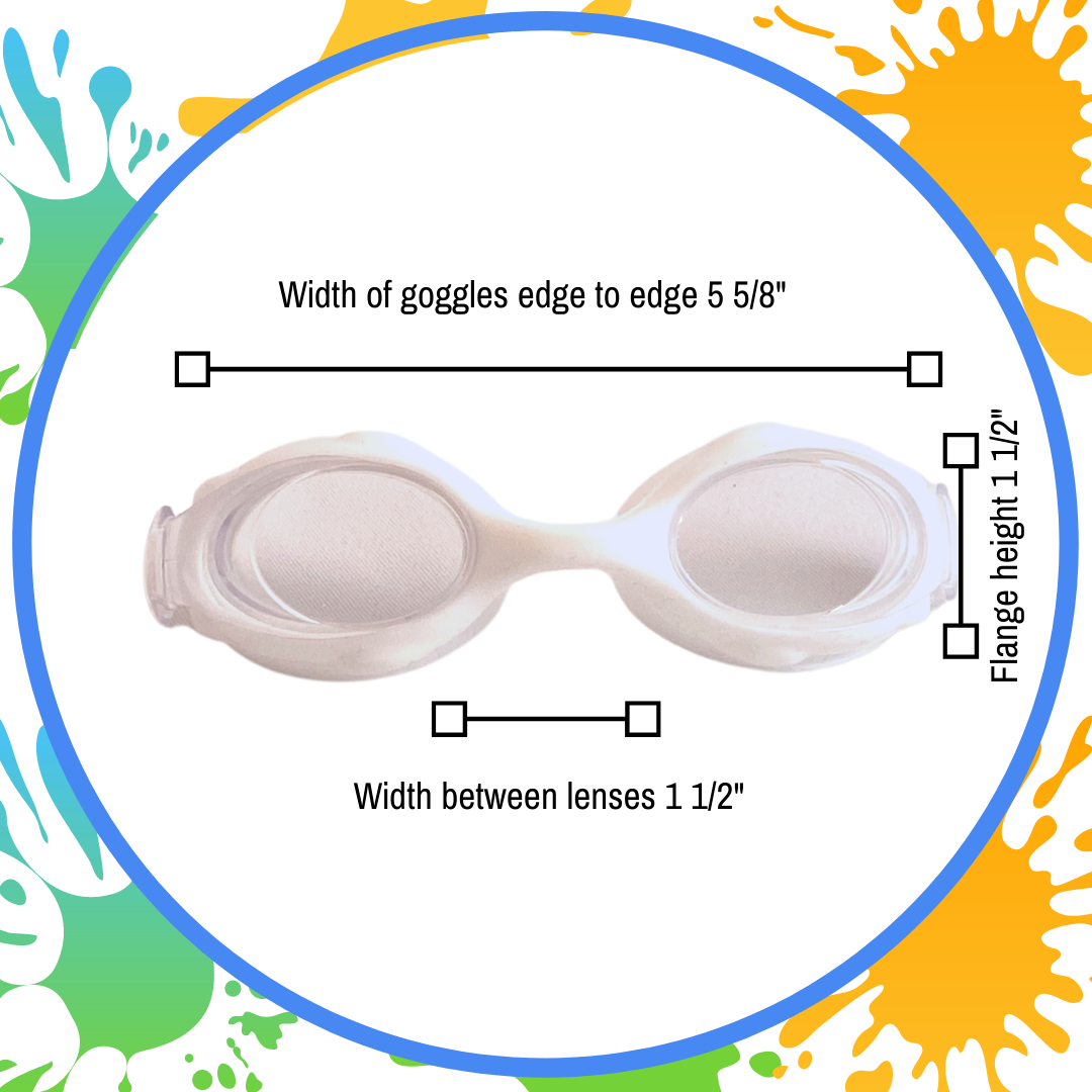 Dimensions diagram of the front of goggles. Width of goggles edge to edge 5 5/8". Width between lenses 1 1/2", Flange height 1 1/2