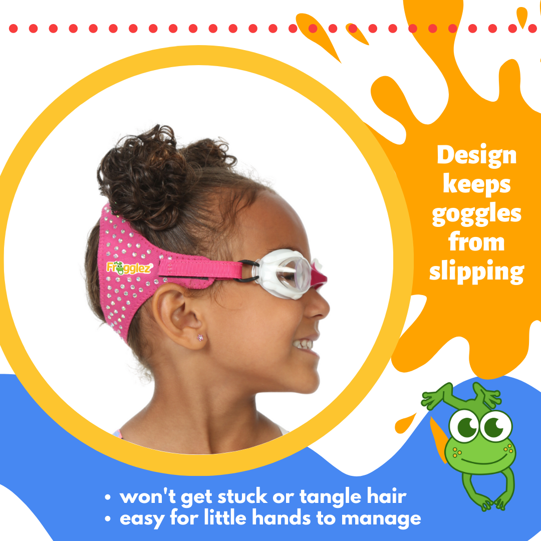 Young girl with curly hair wearing swim goggles facing sideways. Text reads: Design keeps goggles from slipping, won't get stuck or tangle hair, easy for little hands to manage