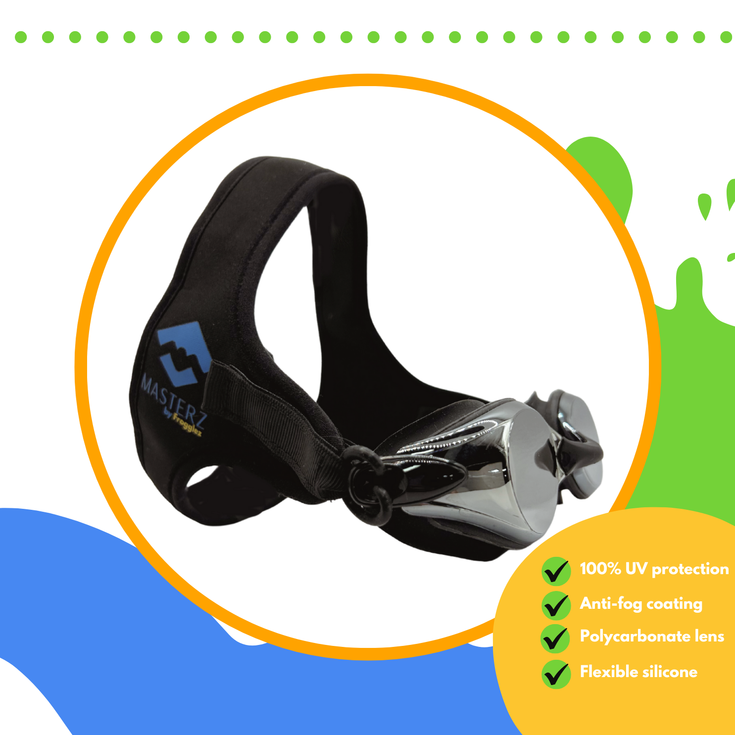 Frogglez Masterz Black Goggles. Text reads 100% UV protection, anti-fog coating, polycarbonate lens, flexible silicone