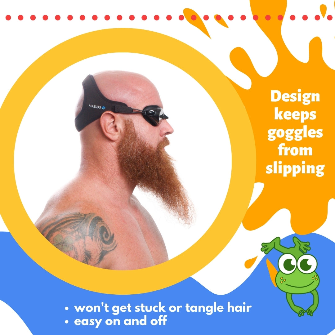 Bald adult man wearing black Frogglez Masterz swim goggles facing sideways. Text reads: Design keeps goggles from slipping, won't get stuck or tangle hair, easy for little hands to manage