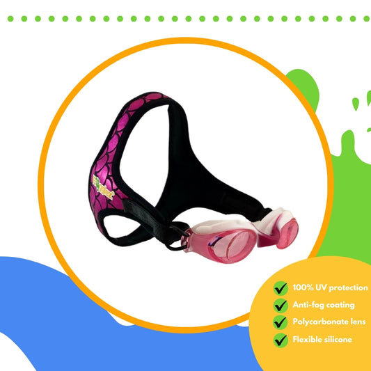 Pink Mermaid pattern Frogglez swimming goggles with pink lenses on white background surrounded by an orange circle. Text reads 100% UV protection, anti-fog coating, polycarbonate lens, flexible silicone
