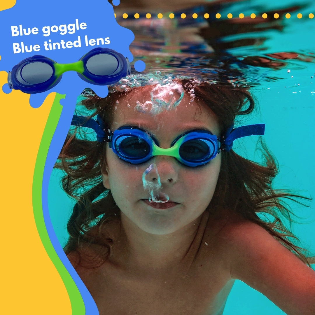 boy swimming underwater wearing blue Frogglez swim goggles with green nose bridge. Text reads blue goggle with blue tinted lens.