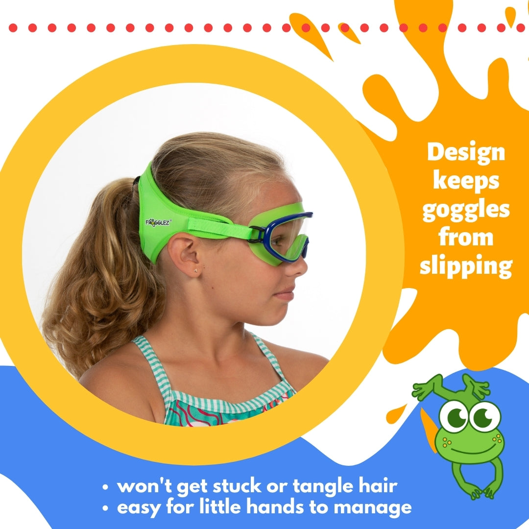 young girl pictured wearing frogglez goggles swimming mask. text reads design keeps goggles from slipping. won't get stuck or tangle hair. easy for little hands to manage.