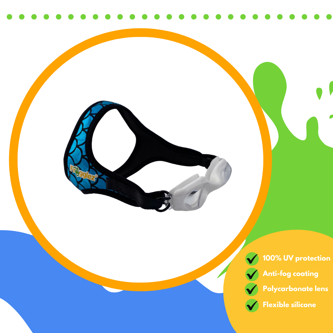 Frogglez blue sharks patterned swimming goggles on white background with text reading 100% UV protection, anti-fog coating, polycarbonate lens, flexible silicone