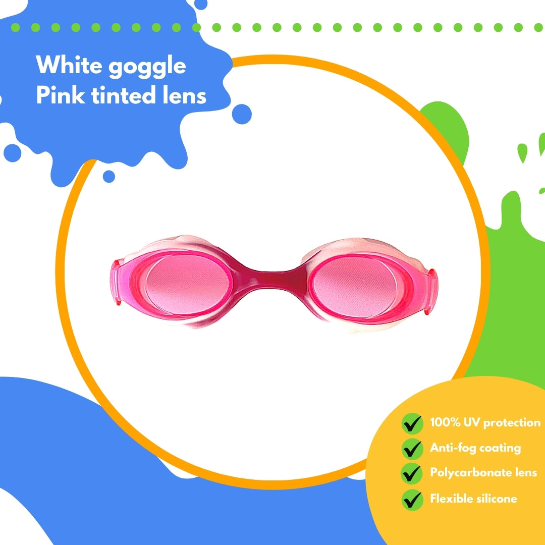Frogglez white swimming goggles on white background surrounded with an orange circle with text reading: white goggle pink tinted lens. 100% UV protection, anti-fog coating, polycarbonate lens, flexible silicone.