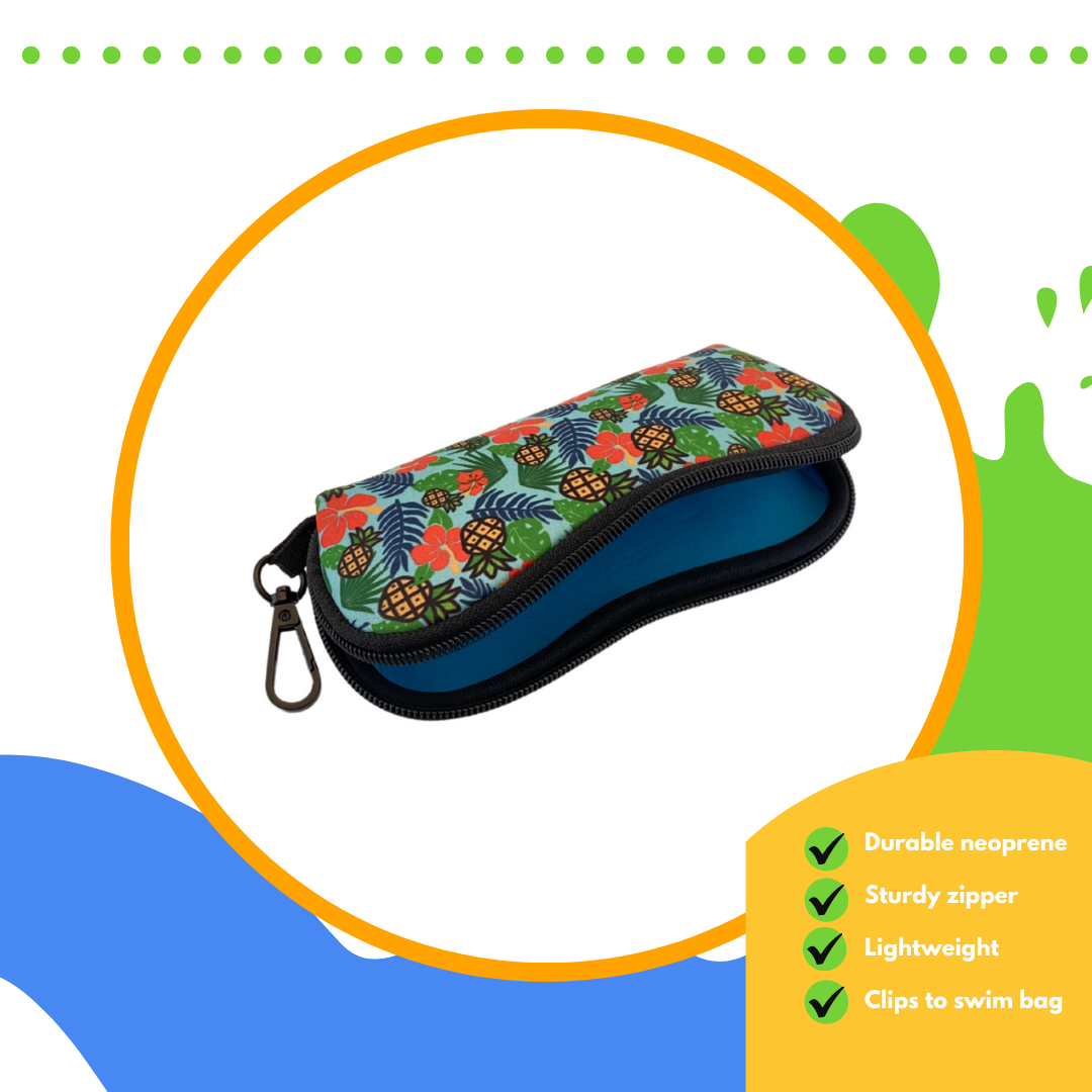 Protect your goggle lenses from scratches with this handy, lightweight Frogglez Goggles Carry Case! Zip it closed and clip it onto your swim bag for easy access. Store your rinsed and dried goggles in this case. Text reads Made from durable neoprene. sturdy zipper. lightweight. clips to swim bag.