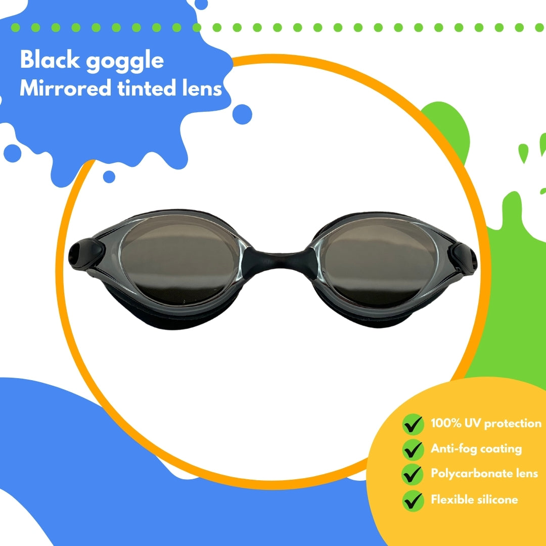 Front view of Frogglez goggles Masterz eyepiece in black. Text reads black goggle, mirror tinted lens, 100% UV protection, anti-fog coating, polycarbonate lens, flexible silicone