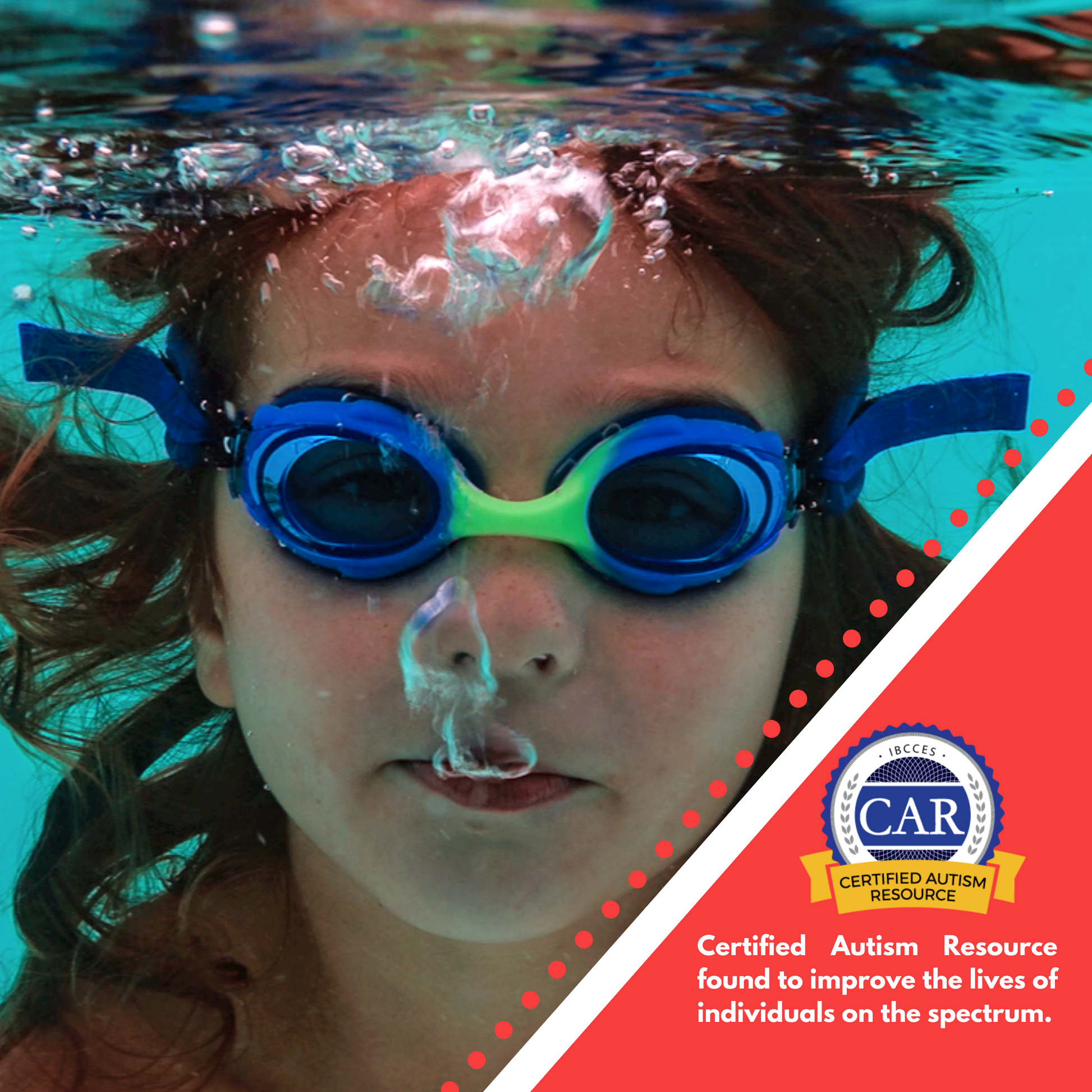 Young girl underwater blowing bubbles wearing blue frogglez goggles with green nose bridge. Text reads certified autism resource found to improve lives of individuals on the spectrum