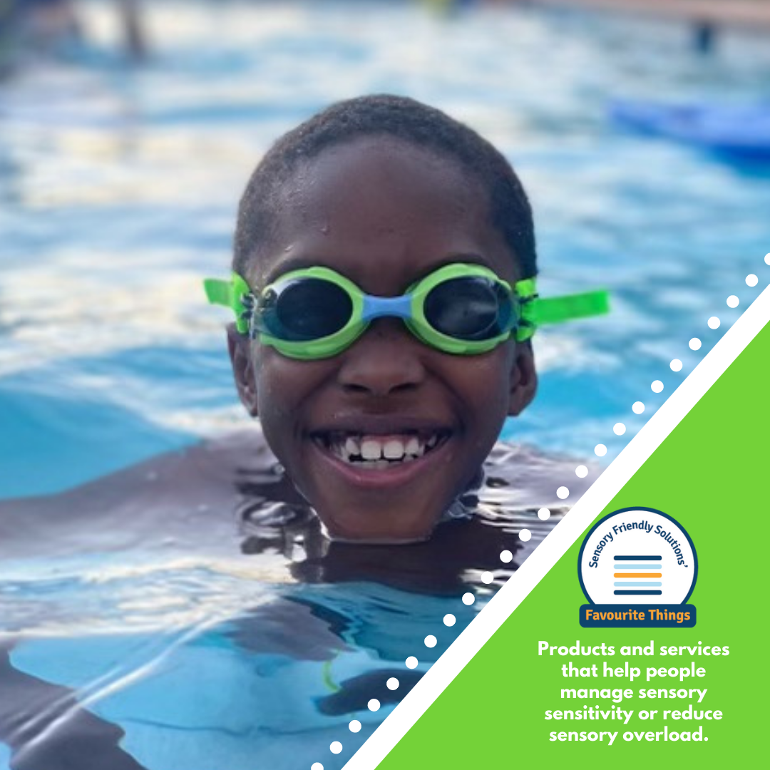 Young boy swimming in pool with head out of water and laughing, smiling at the camera. Text reads products and services that help people manage sensory sensitivity or reduce sensory overload.