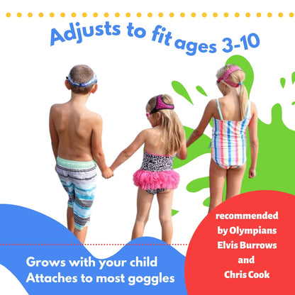 Young girl wearing Frogglez mermaid pattern swim goggles and swimsuit with a pink tutu skirt holds hands with her brother wearing camo print Frogglez swim goggles and swim trunks and sister wearing Frogglez pink glitz rhinestone swim goggles and a striped swimsuit. Text reads: Adjusts to fit ages 3-10. Grows with your child. Attaches to most goggles. Recommended by Olympians Elvis Burrows and Chris Cook.