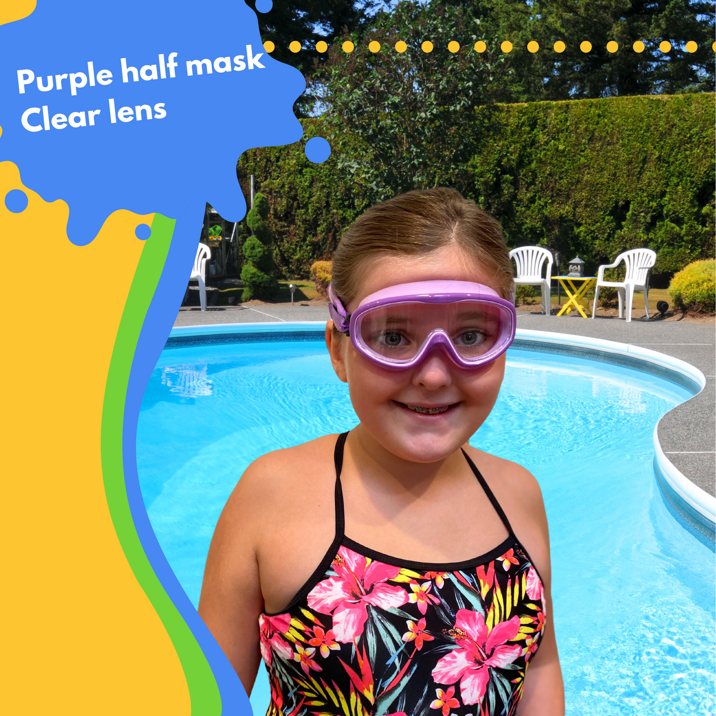 pictured young girl standing at swimming pool wearing frogglez goggles swim mask. text reads purple half mask. clear lens.