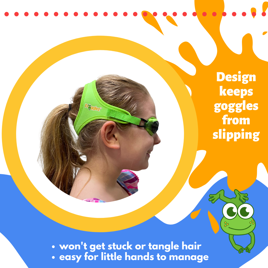 Blonde girl with ponytail wearing Frogglez swim goggles facing sideways. Text reads: Design keeps goggles from slipping, won't get stuck or tangle hair, easy for little hands to manage.