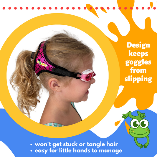 Blonde girl with ponytail wearing Frogglez swim goggles facing sideways. Text reads: Design keeps goggles from slipping, won't get stuck or tangle hair, easy for little hands to manage.