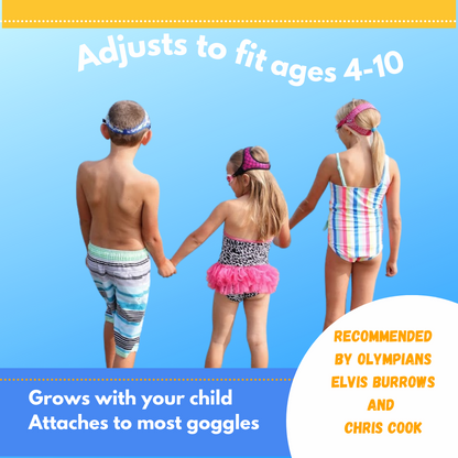 Young girl wearing Frogglez mermaid pattern swim goggles and swimsuit with a pink tutu skirt holds hands with her brother wearing camo print Frogglez swim goggles and swim trunks and sister wearing Frogglez pink glitz rhinestone swim goggles and a striped swimsuit. Text reads: Adjusts to fit ages 3-10. Grows with your child. Attaches to most goggles. Recommended by Olympians Elvis Burrows and Chris Cook.