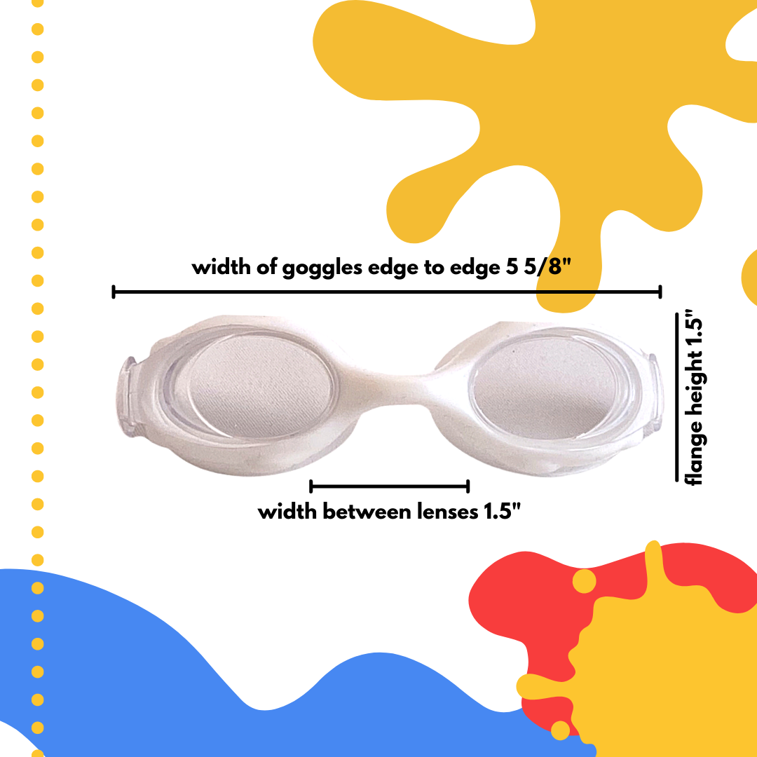 Diagram of swim goggle eyepiece that reads Youth Goggle Dimensions. Width of goggles edge to edge 5 and 5/8 inches. Flange height 1 and 1/2 inches. Width between lenses 1 and 1/2 inches.